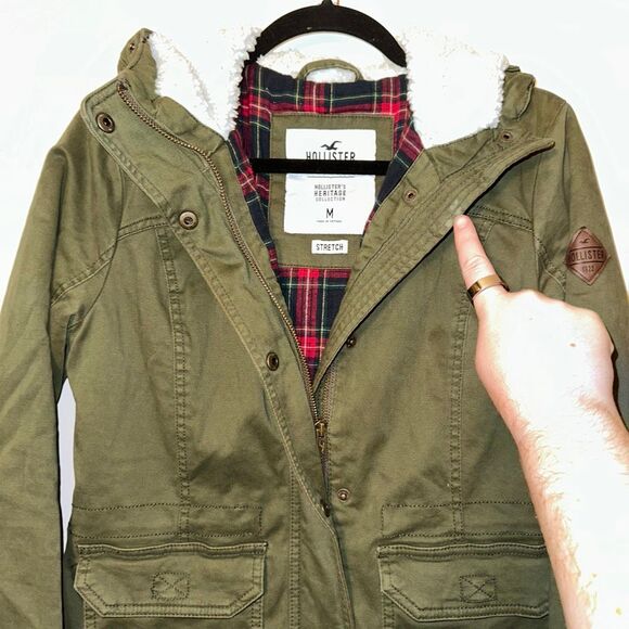 Hollister Y2K Medium Olive Green Sherpa Lined Hooded Coat Gently Worn - Picture 10 of 11